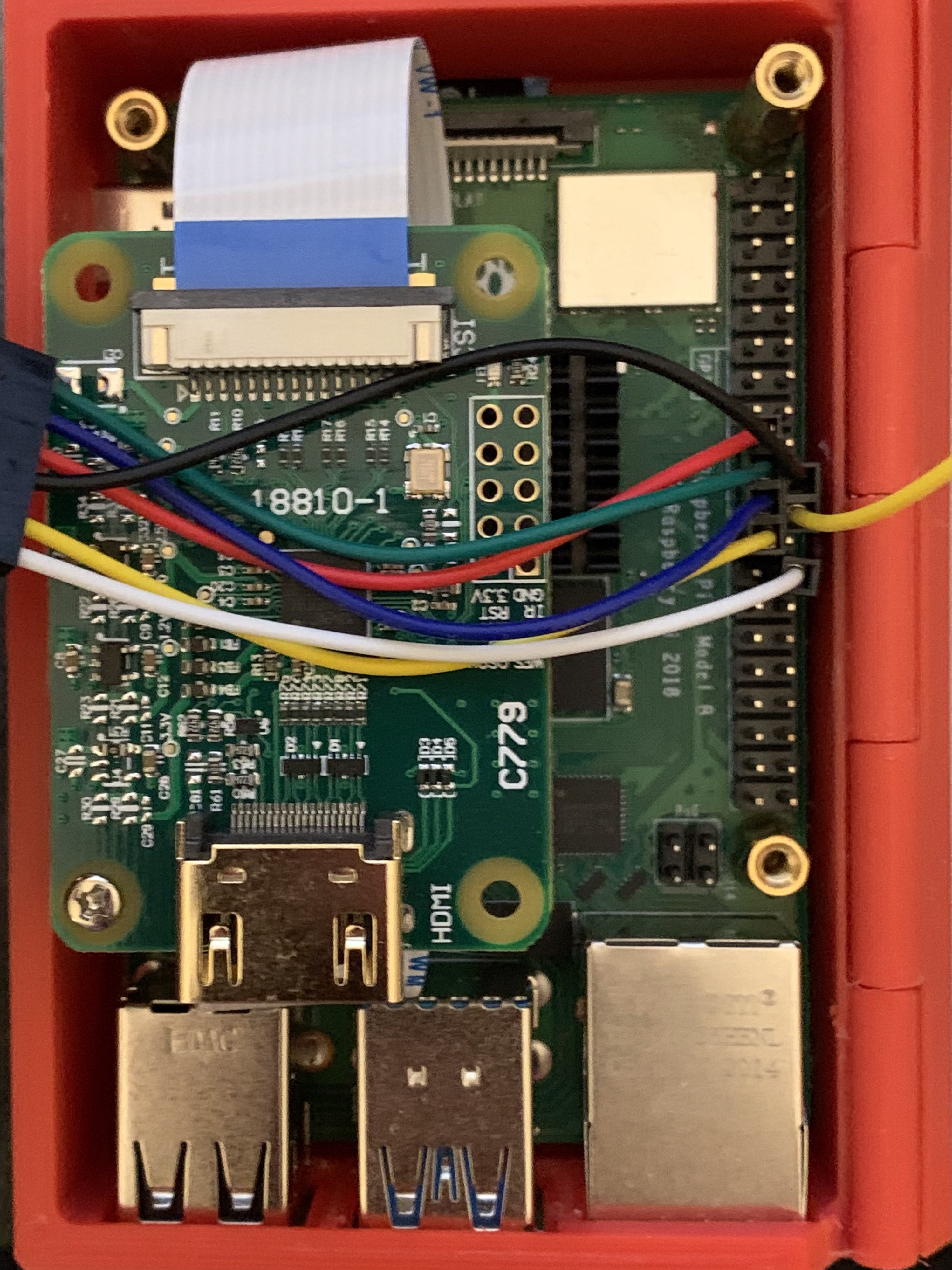 A closeup of the Raspberry Pi wired to the breadboard.