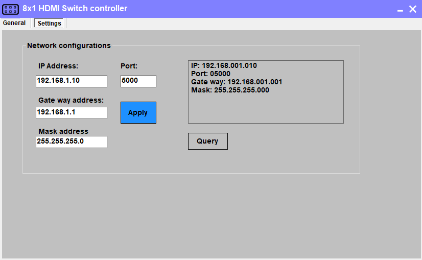 Configuration screen for TESMART Windows controller utility